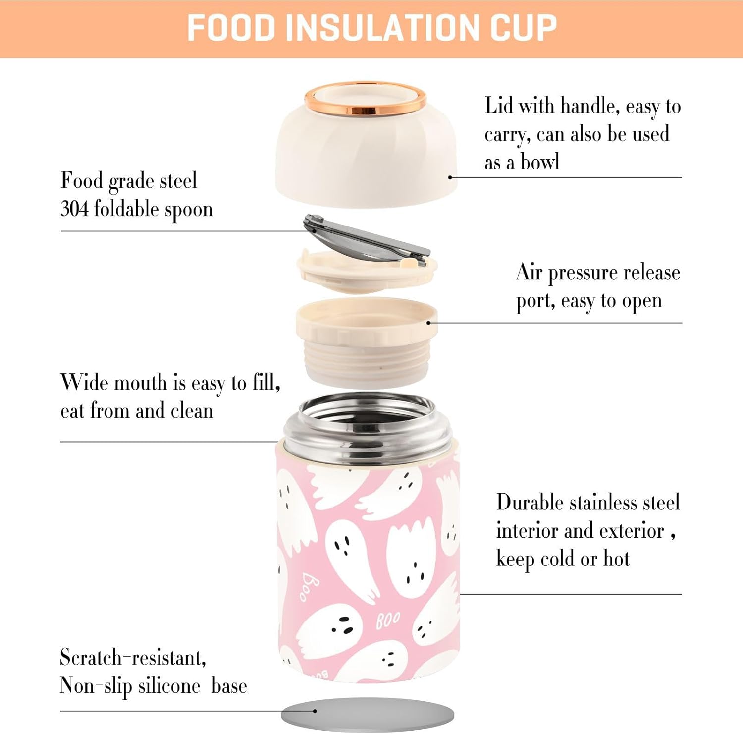 Tarro de comida sellado con cuchara plegable, lonchera de acero inoxidable aislado al vacío para alimentos calientes y fríos, fantasma rosa, boca