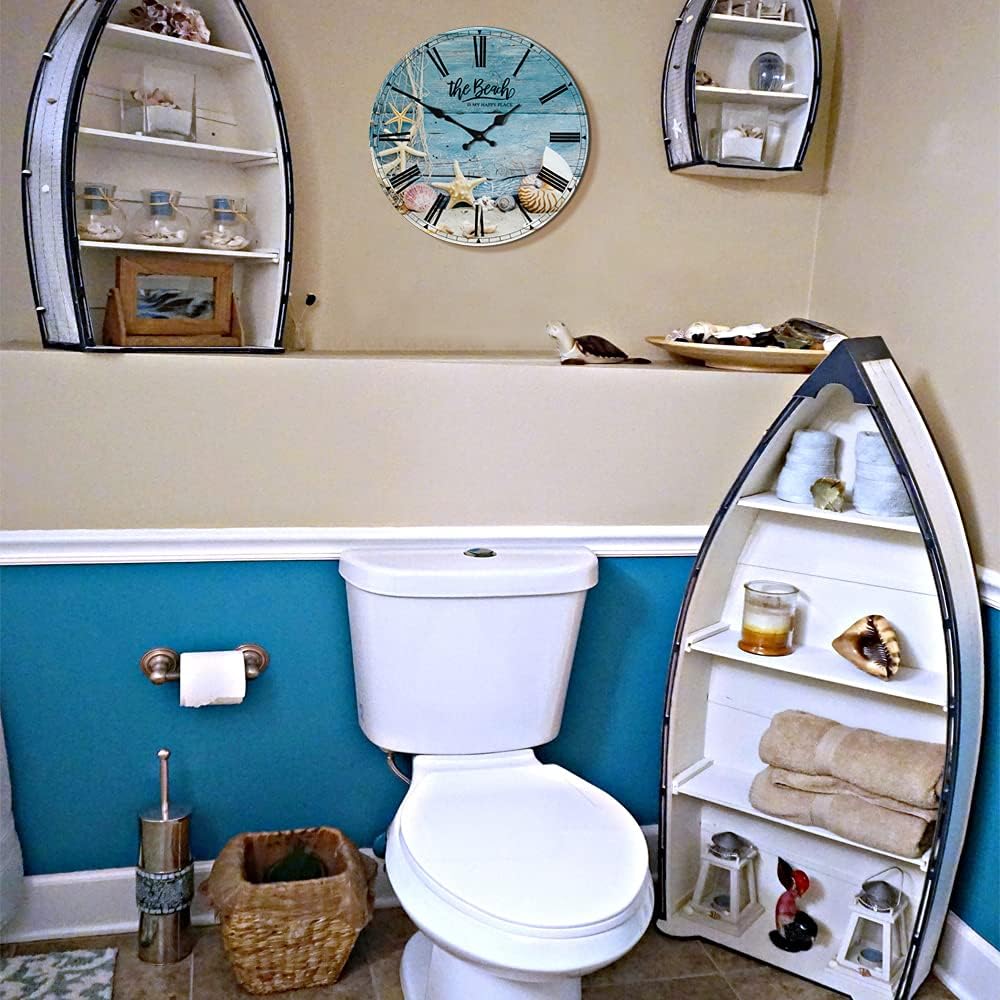 Divertida decoración de baño de playa, reloj de pared silencioso que no hace tictac, conchas marinas, decoración de baño, arte de pared  The Beach