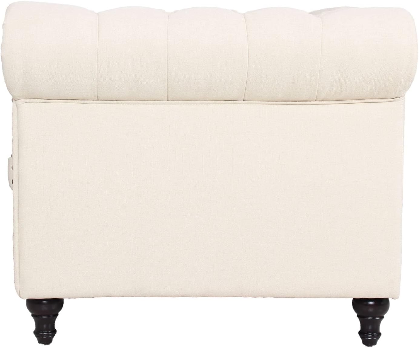 Sofá Chesterfield tradicional de lino con decoración de remaches y patas de madera para sala de estar, color crema