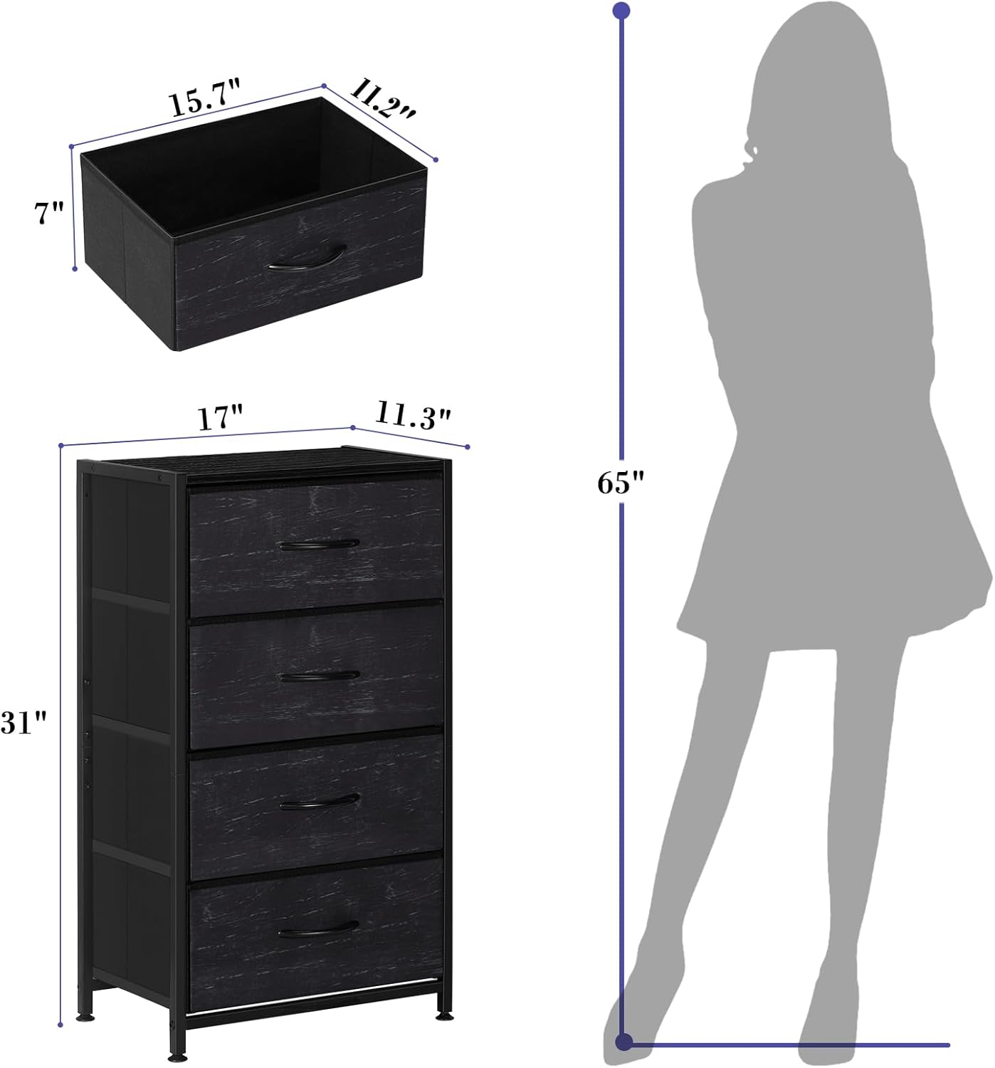 LIANTRAL Cómoda con 4 cajones, cómoda de tela para dormitorio, cómoda pequeña, marco de acero resistente y parte superior de madera, cajones de