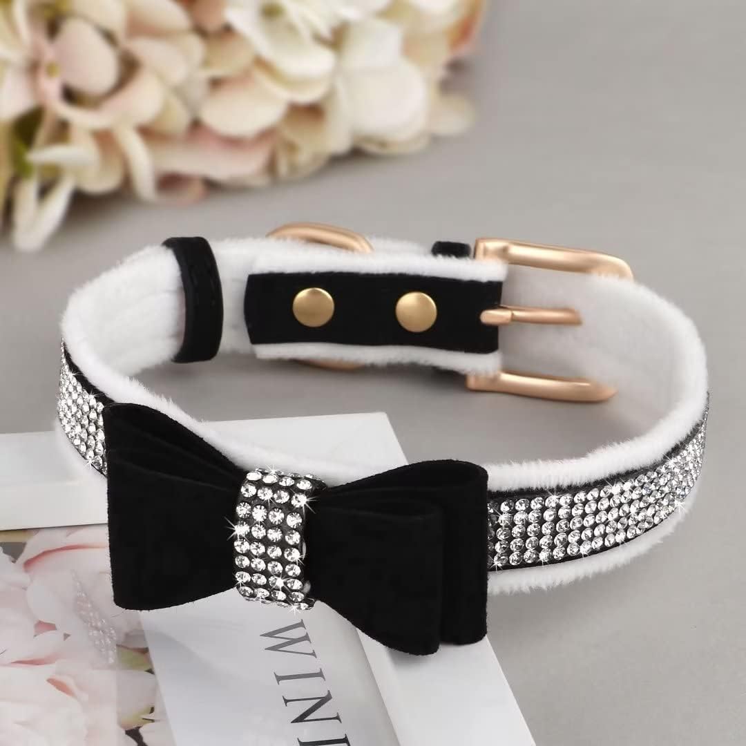 Beirui Collar de terciopelo cálido acolchado con diamantes de imitación  Collar de perro con diamantes de cristal completo con corbatín  Collares de