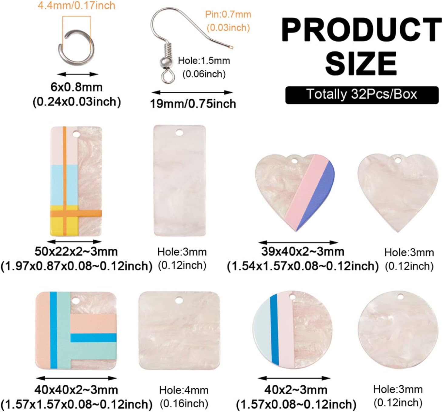 Mega Pet 32 dijes de resina impresos en 3D de 2 tonos geométricos planos de resina epoxi, forma cuadrada, forma rectangular, para hacer aretes,