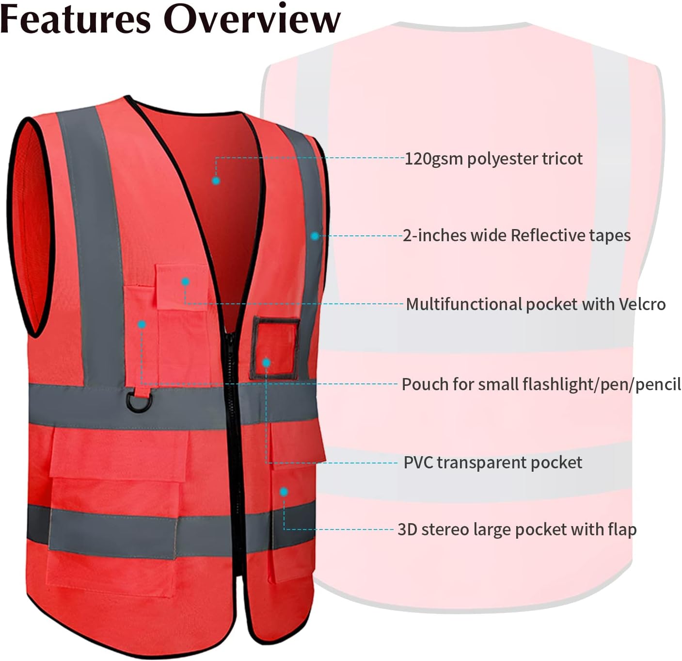 Chaleco de seguridad con bolsillos y cremallera para mujeres y hombres, chaleco reflectante de alta visibilidad, para trabajo de construcción,