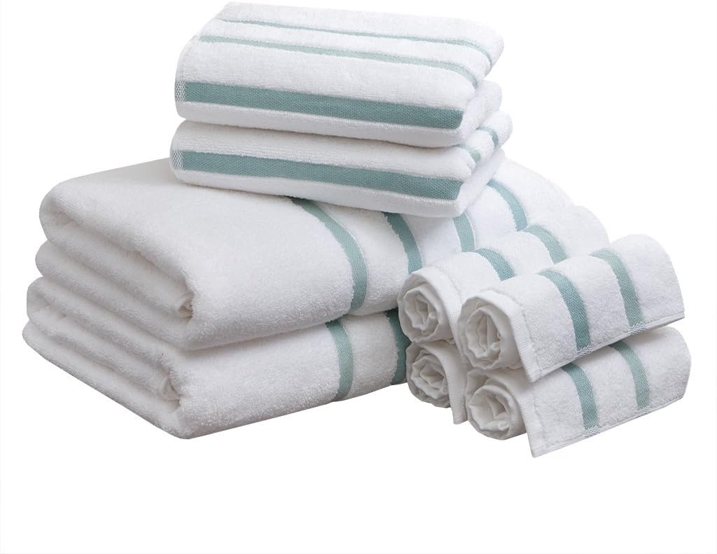 Comfort Spaces Juego de toallas de baño de algodón de 8 piezas a rayas, ultra suave, calidad de hotel, secado rápido, absorbentes, toallas de baño,
