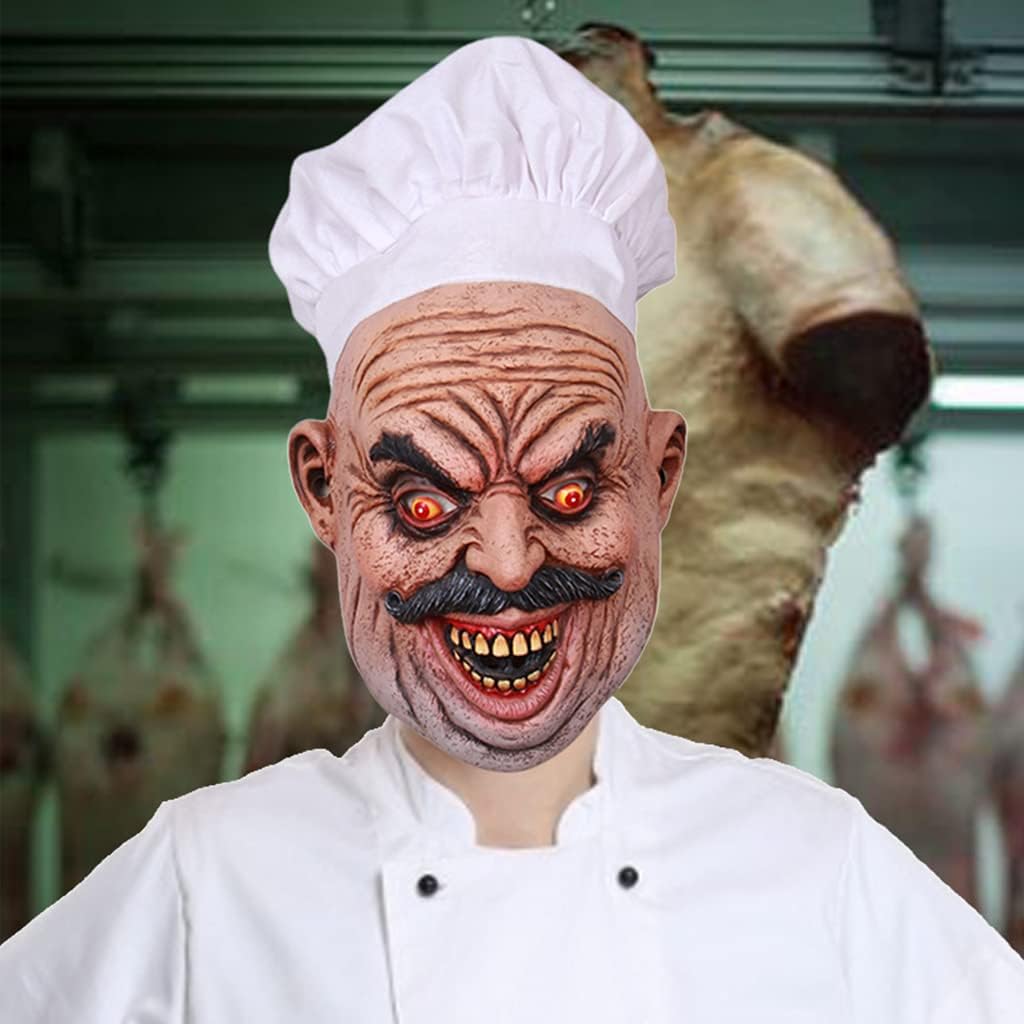 Yeahii Máscara realista de látex barbudo para chef, carnicero, Halloween, casa encantada, fantasma, mascarada, cosplay, accesorios aterradores