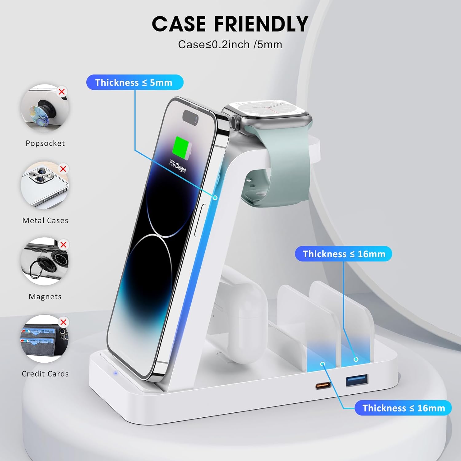 GAUOLN Cargador inalámbrico para iPhone – Estación de carga 5 en 1 para múltiples dispositivos Apple Base de carga inalámbrica rápida para iPhone 15