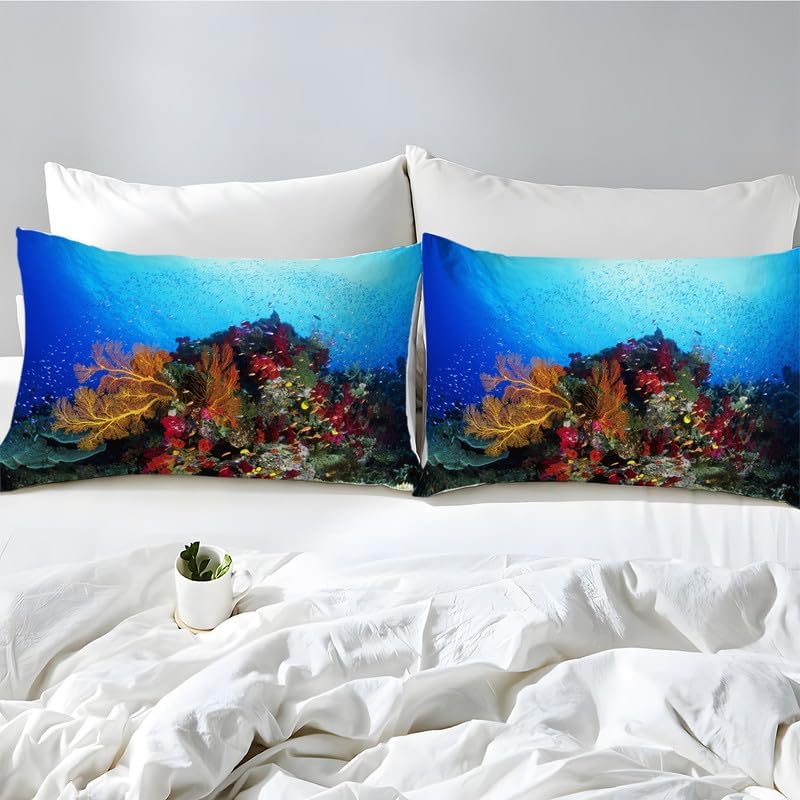 Dark Blue Coral Twin Duvet Cover View Print Twin Bedding Sets Soft Microfiber Comforter Cover and 2 Pillow Shams 20″X26″, Bed Set Duvet Covers with