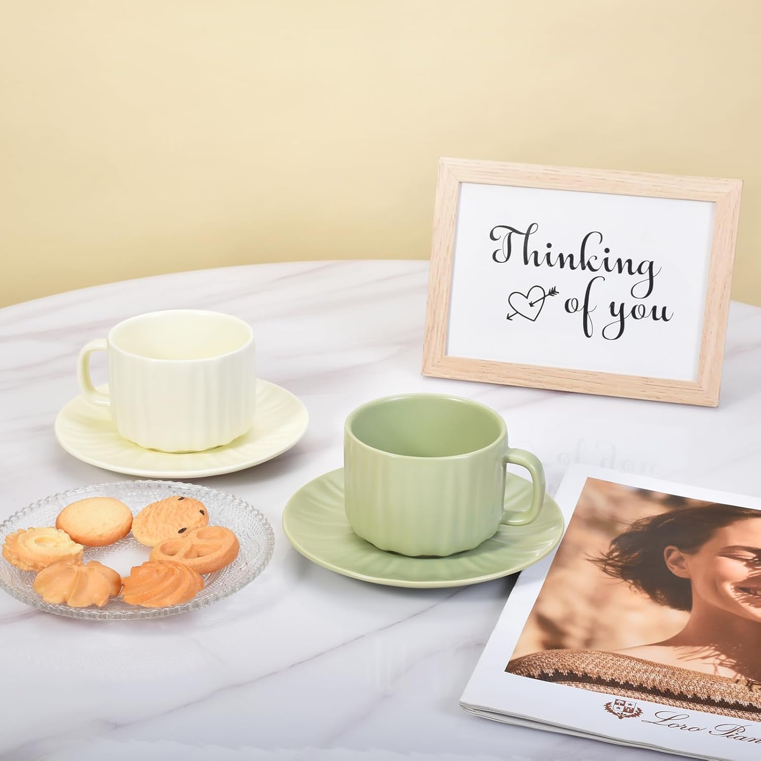 Denovin Juego de taza de café y platillo de cerámica, taza de café de capuchino Demitasse con rayas de melón amargo, 8 onzas, perfecta para té con