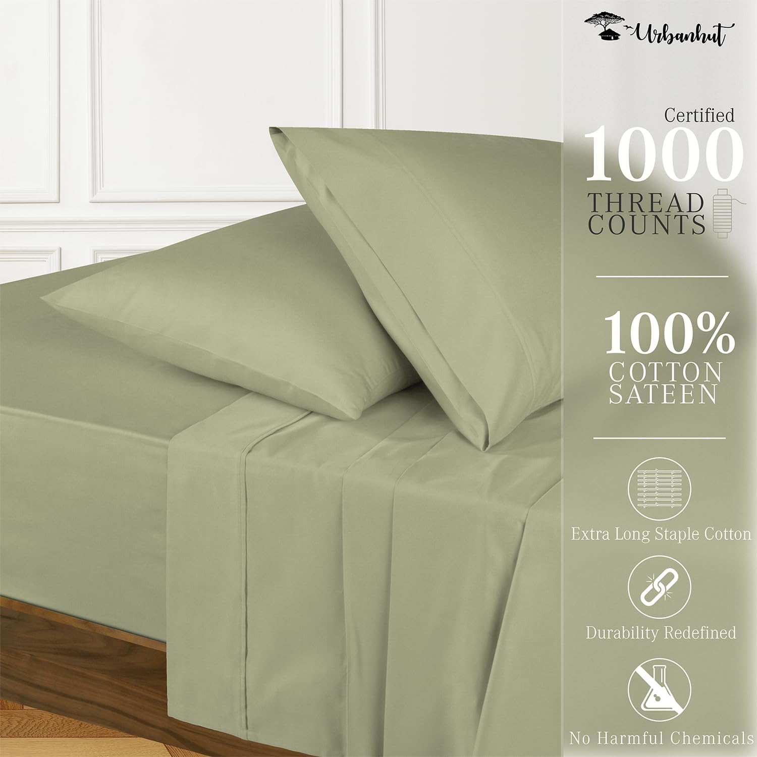 URBANHUT Sábanas de algodón egipcio de 1000 hilos tamaño King, fibra larga, suaves y transpirables, juegos de sábanas de 4 piezas para cama tamaño