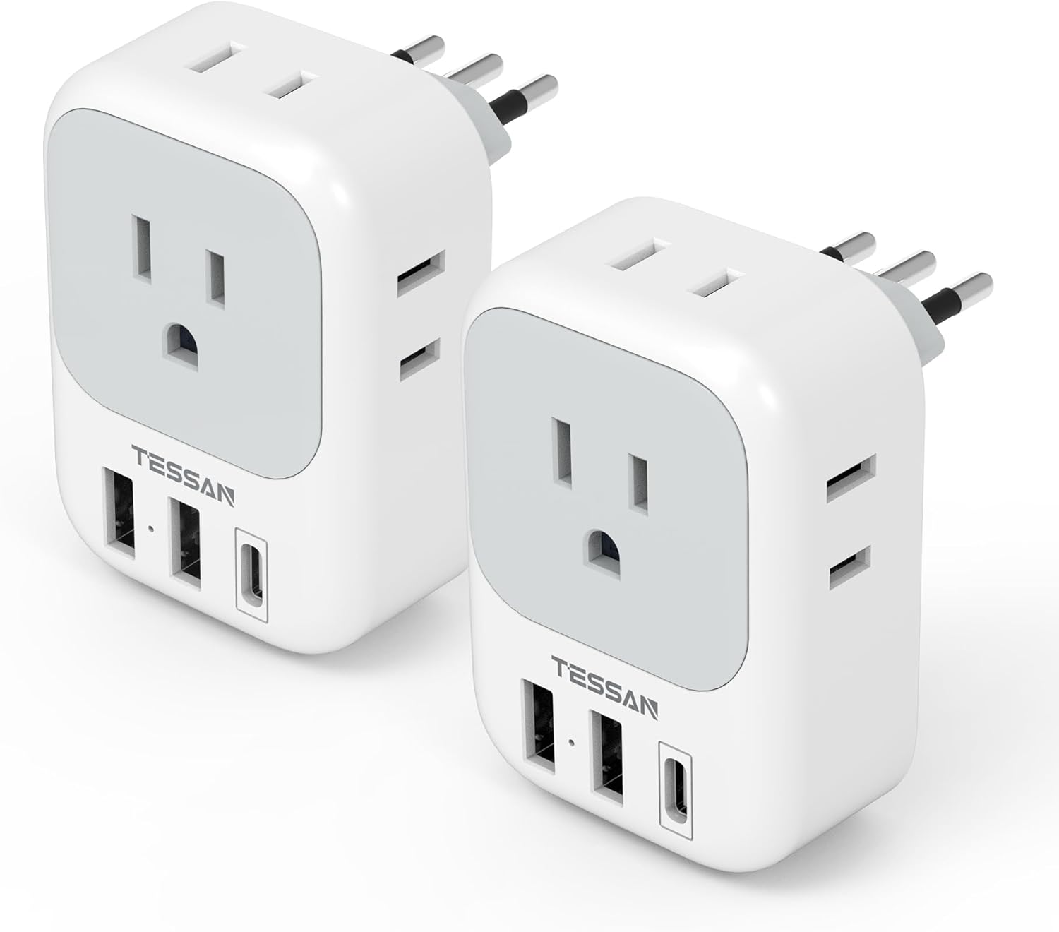 TESSAN – Adaptador de enchufe para Italia, paquete de 2 unidades, adaptador de corriente con 4 tomacorrientes, 3 cargadores USB (1 puerto USB C),