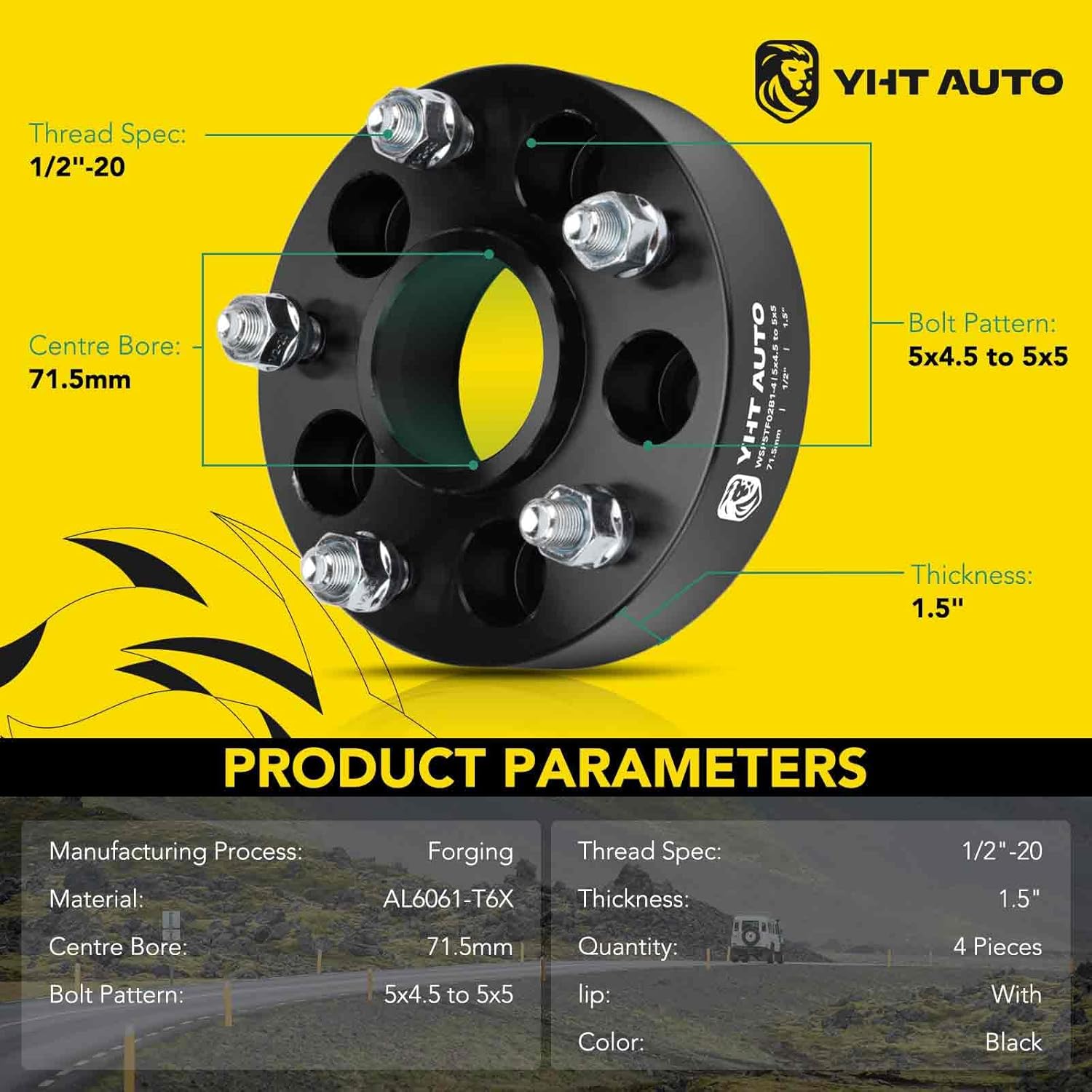 YHTAUTO 4 adaptadores de rueda centrados de cubo de 5×4.5 a 5×5 de 1.5 pulgadas, se adapta a XJ, ZJ, KJ, KK, TJ, YJ, Explorer, Mustang, Ranger, Town