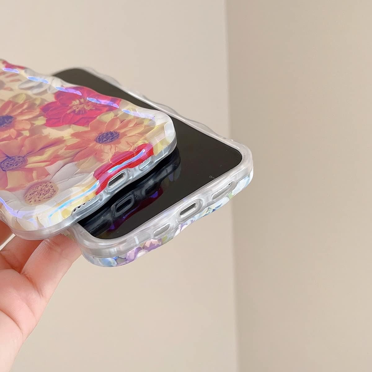 Funda para iPhone 13 Pro, lindo diseño de borde ondulado transparente IMD con flores de patán, duradera, a la moda, retro, de silicona, funda