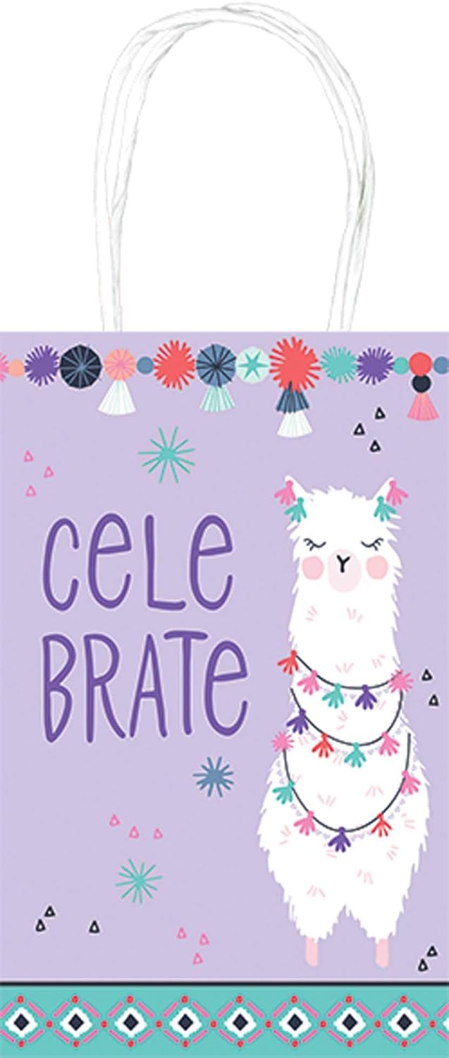 “Llama Fun” bolsas de papel kraft con estampado morado, 8.25 pulgadas de alto x 5 pulgadas de ancho, 8 unidades.