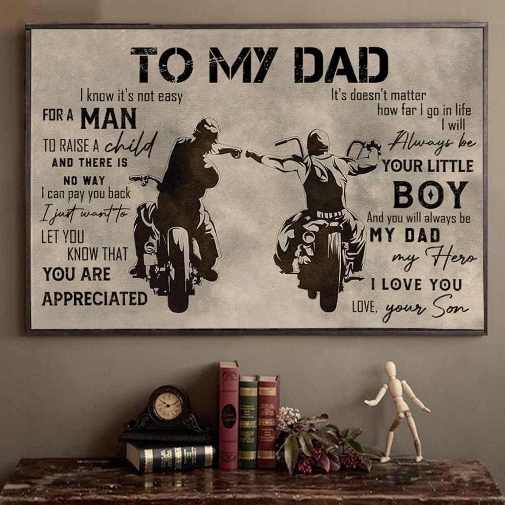 Schian Póster de pared de motocicleta con texto en inglés “To My Dad”, decoración de Navidad, regalo de hijo, padre e hijo, amantes del