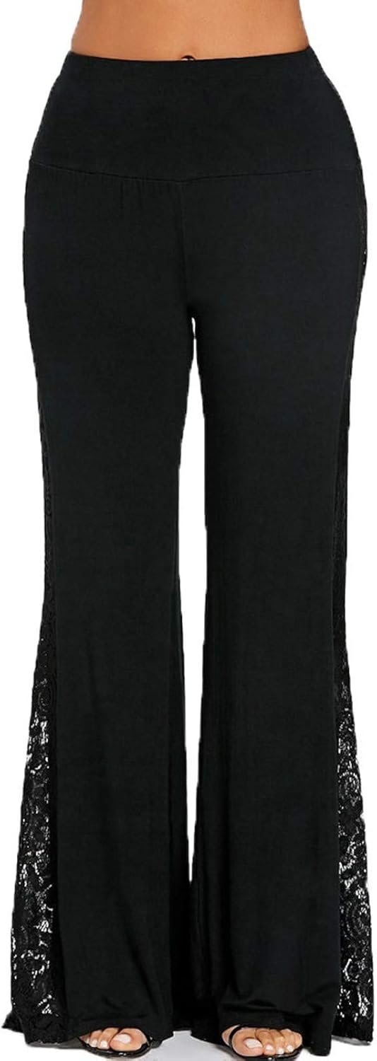 Bravetoshop – Pantalones de descanso de pierna ancha con encaje para mujer, pantalones rectos y holgados de cintura alta, S