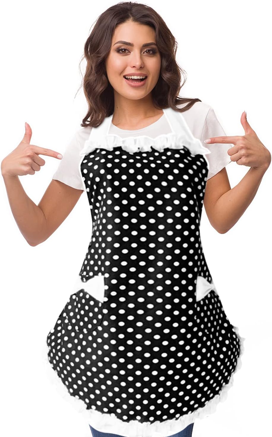 Delantales retro lindos para mujer con bolsillo, delantales vintage de lunares blancos para niñas, delantal con volantes para mujer, delantal de