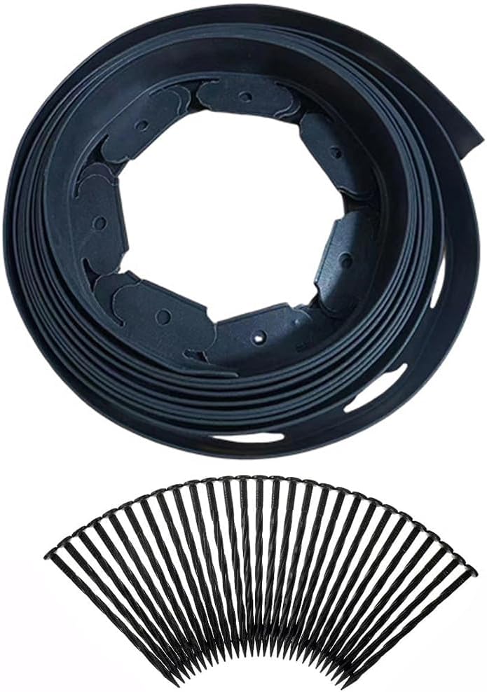 Kit de bordes de plástico sin excavación con 30 picos para jardinería de césped y jardines de flores, 4 pulgadas de alto, 33 pies de longitud (negro)