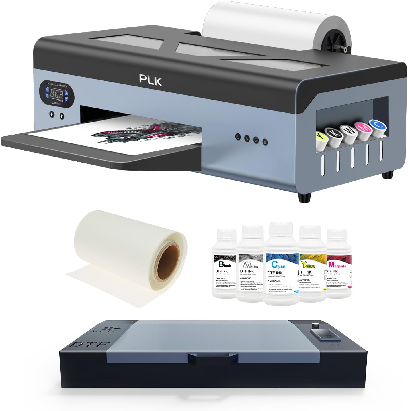 PLK Impresora DTF con alimentador de rollo, impresora de transferencia A3 L1800 con sistema de circulación de tinta blanca para camisetas,