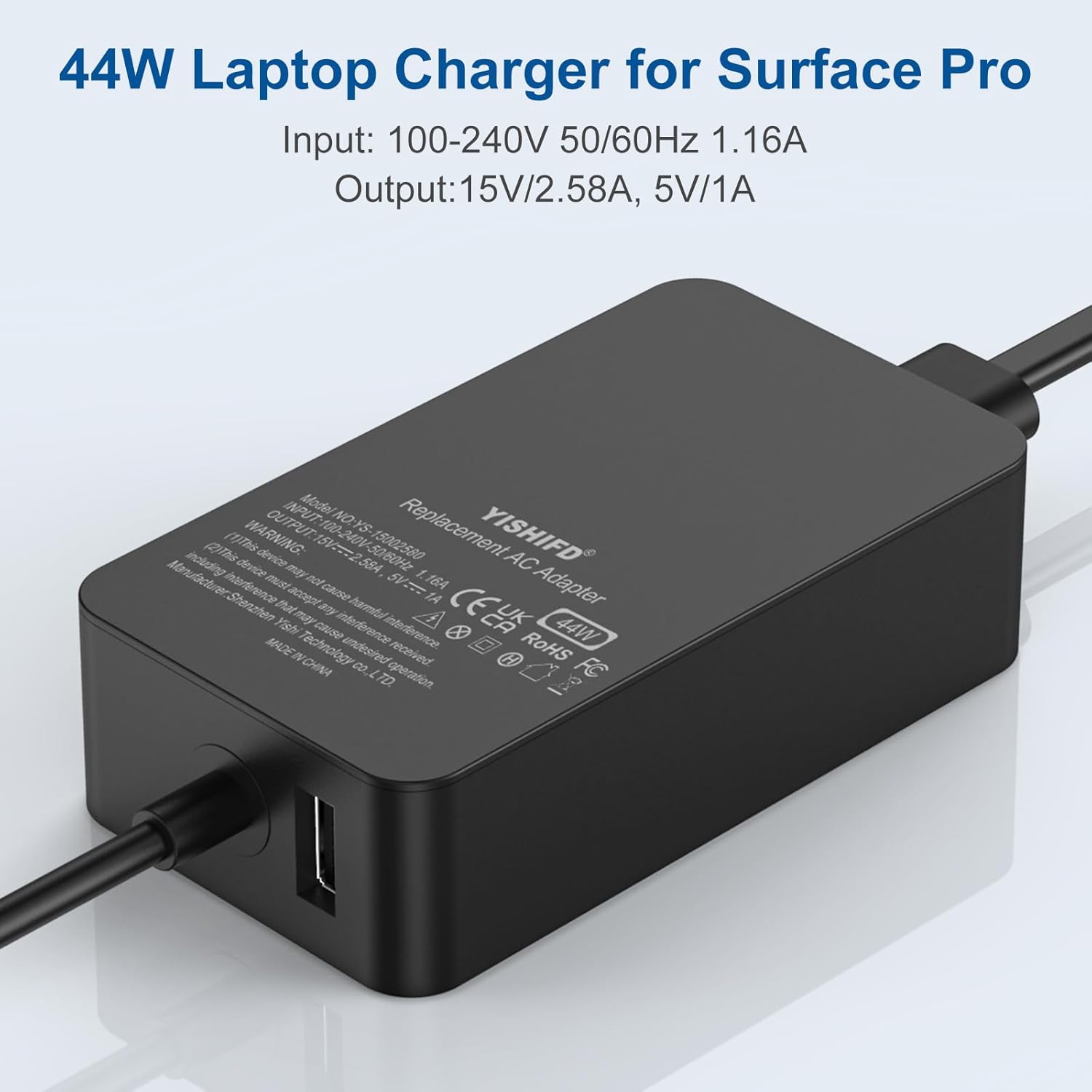 Cargador de superficie de 15 V 2.58 A, fuente de alimentación de 44 W, repuesto para Microsoft Surface Pro 34567, Surface Laptop 321, Surface GoBook