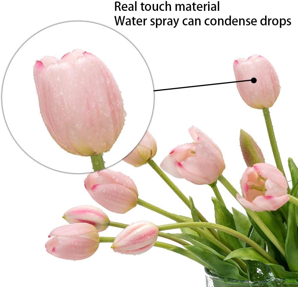 15 flores de tulipanes artificiales, ramo de látex de tacto real, tulipanes falsos para oficina, boda, fiesta, hogar, cocina, jardín (rosa claro, 15