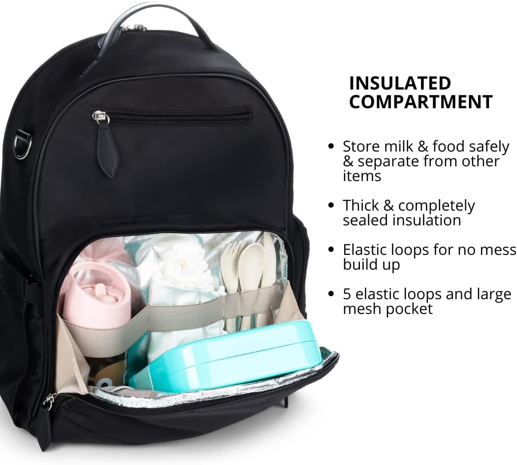 LOLA & ROAM Mochila para pañales de nailon, compartimento térmico aislado, 5 accesorios, materiales ligeros y duraderos, compartimentos separados