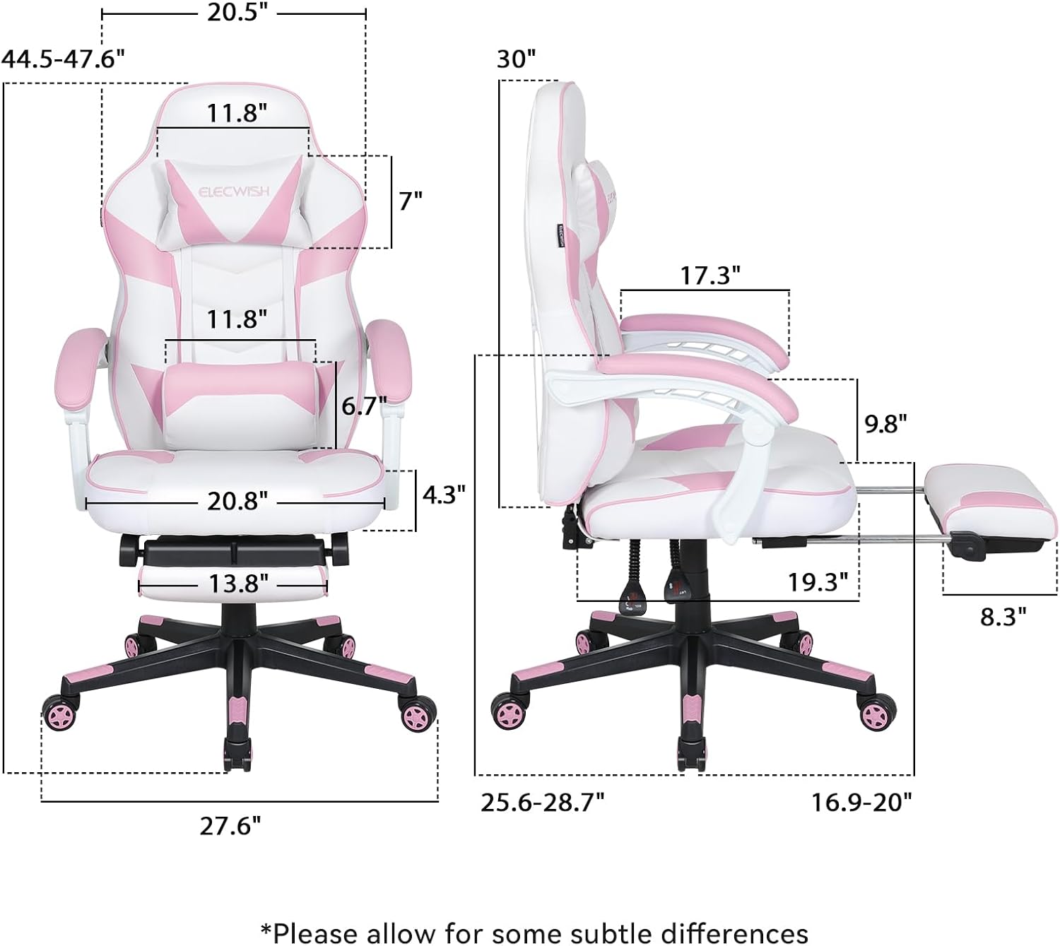 ELECWISH Silla de juegos rosa con masajeador, sillas de juegos de computadora con reposapiés para adultos, piel sintética, respaldo alto, estilo