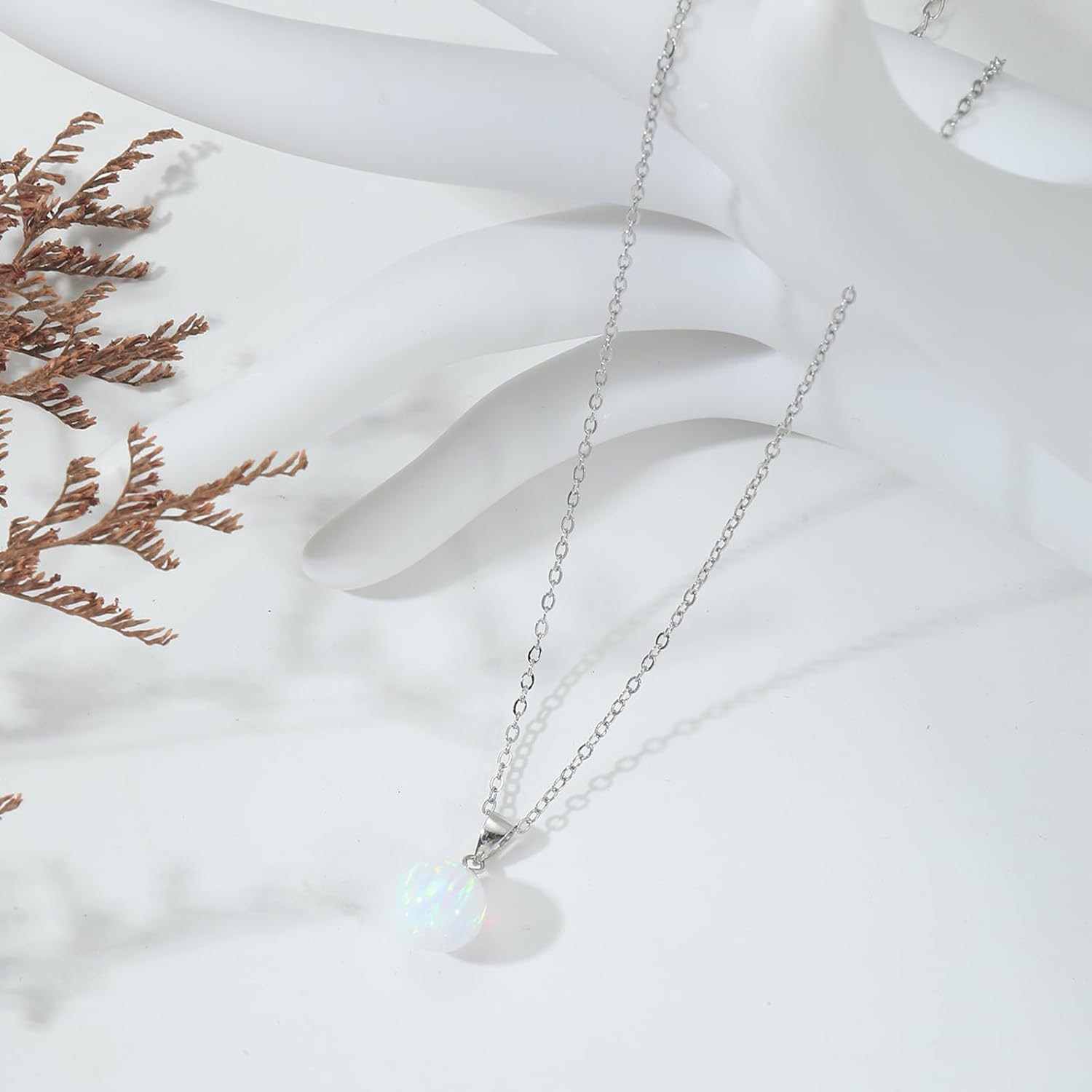 Sterling Silver Opal Necklace for Women Dainty 10mm Round White Opal Necklaces Handmade Opal Jewelry for Women