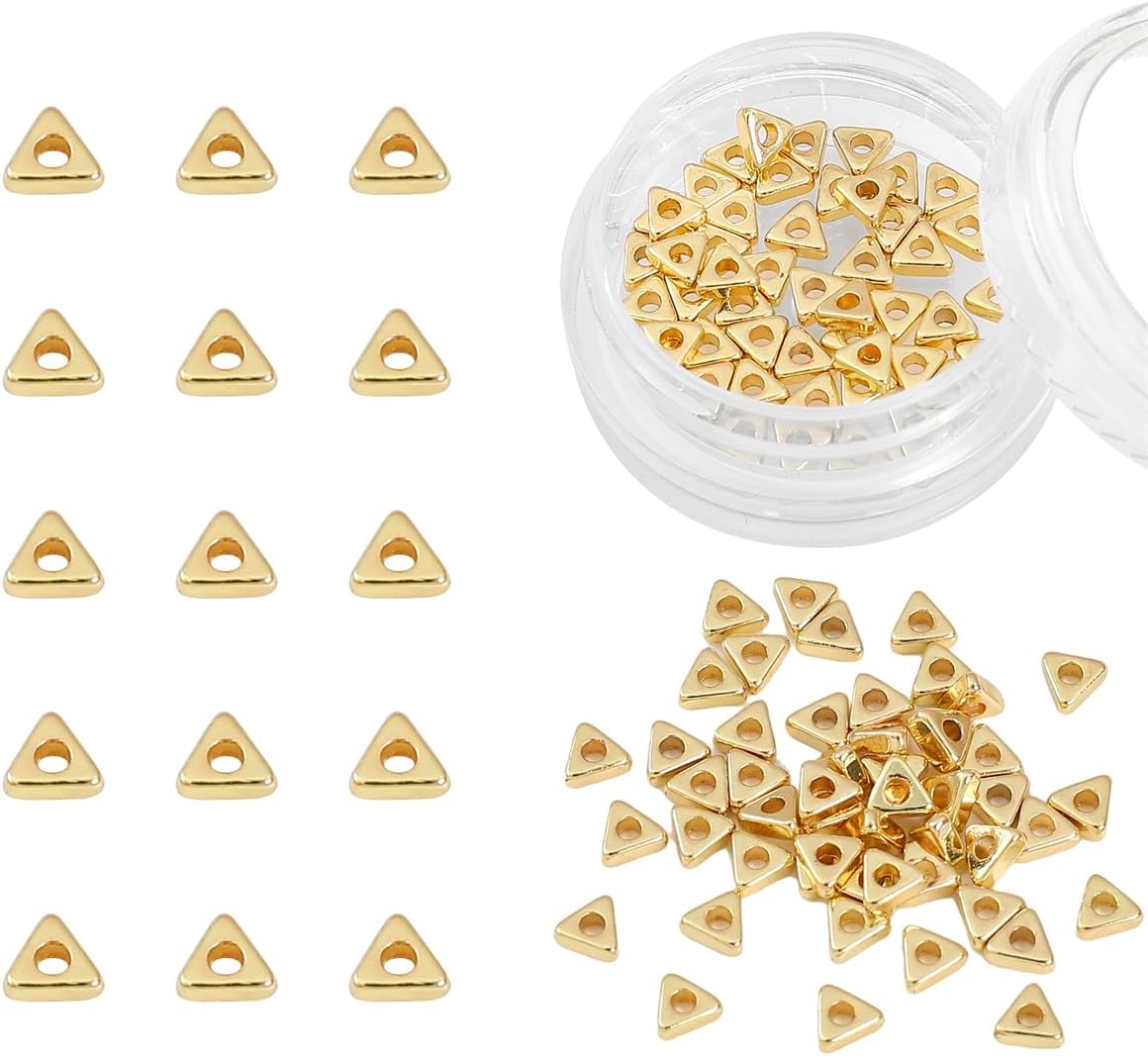Beadia Cuentas espaciadoras triangulares chapadas en oro de 14 quilates, 0.138 x 0.059 in, 50 unidades para hacer joyas, no se deslustran