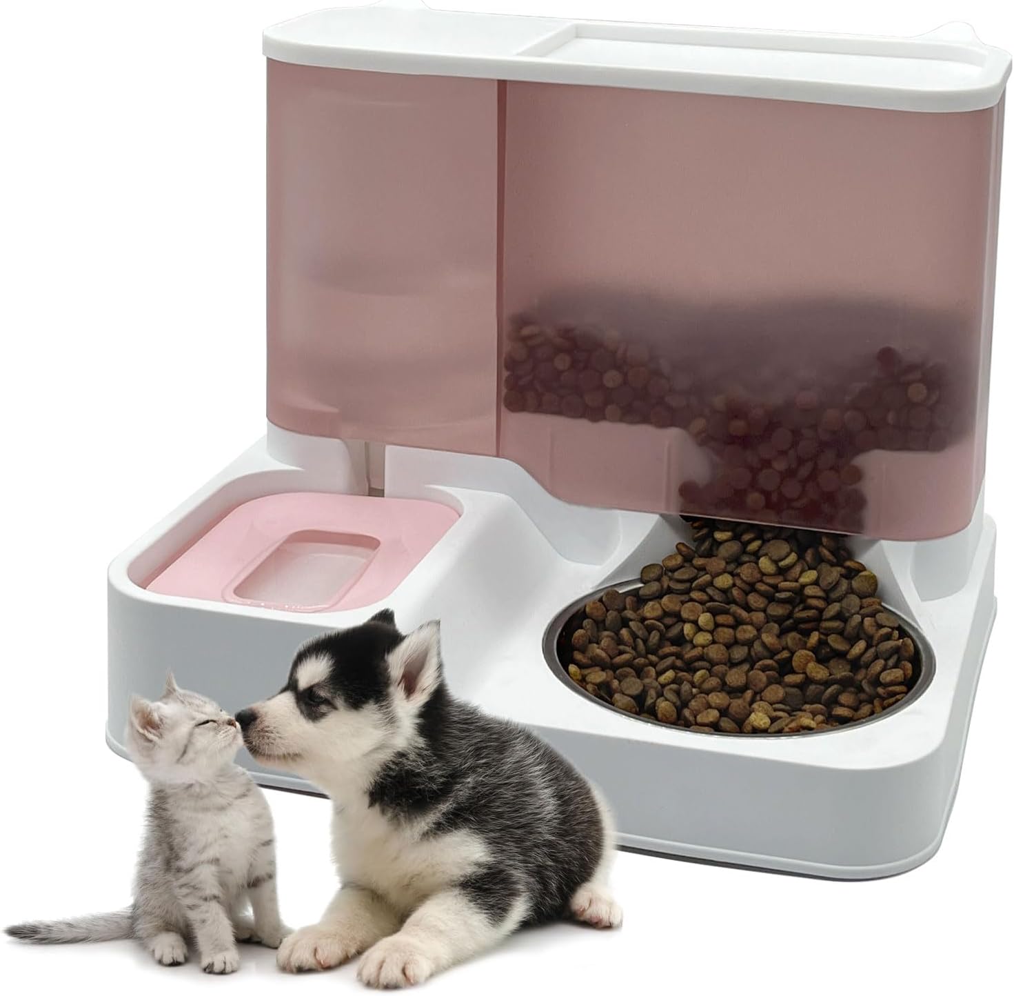 kathson Juego de dispensador automático de comida y agua todo en uno para gatos, comedero por gravedad para gatos con cuenco de acero inoxidable,