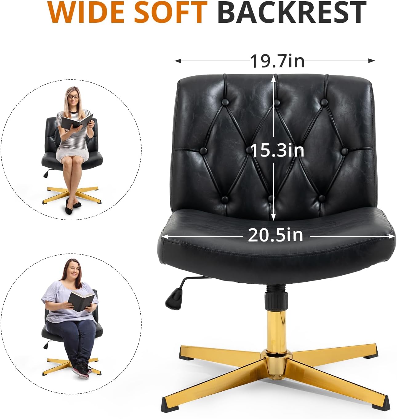 TURRIDU Silla giratoria sin brazos para oficina en casa, patas doradas cruzadas, sin ruedas, asiento ancho de piel sintética, respaldo medio, silla