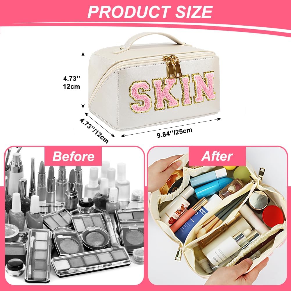 besharppin Bolsa de cosméticos de viaje de gran capacidad, bolsa de maquillaje plana abierta de cuero sintético para mujer, bolsa de aseo con letras