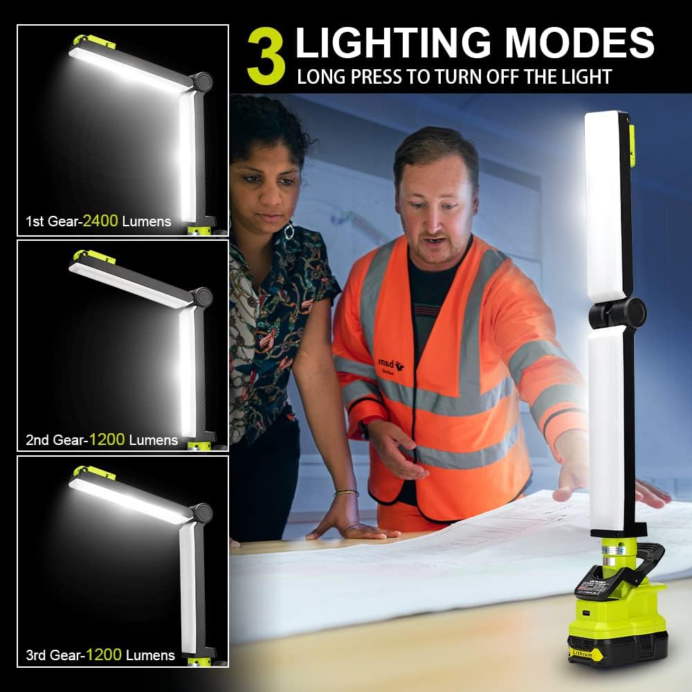 YEX-BUR Luz de trabajo LED de 30W 2400LM para Ryobi 18V ONE + batería NiCd NiMh de iones de litio con clip en luz plegable al aire libre con puerto