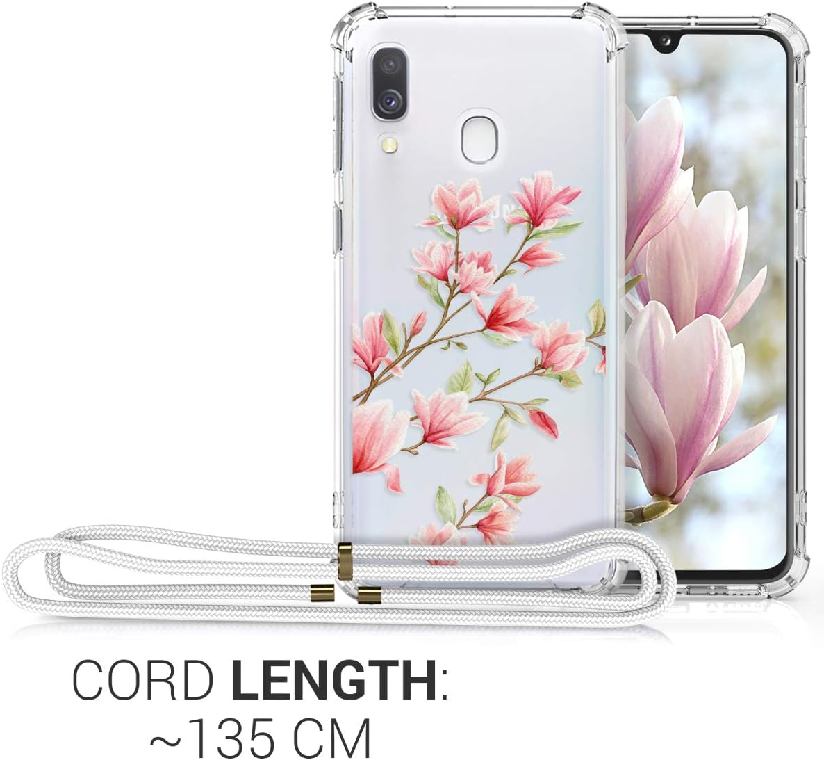 kwmobile Funda cruzada compatible con Samsung Galaxy A40 – Magnolias RosaBlancoTransparente