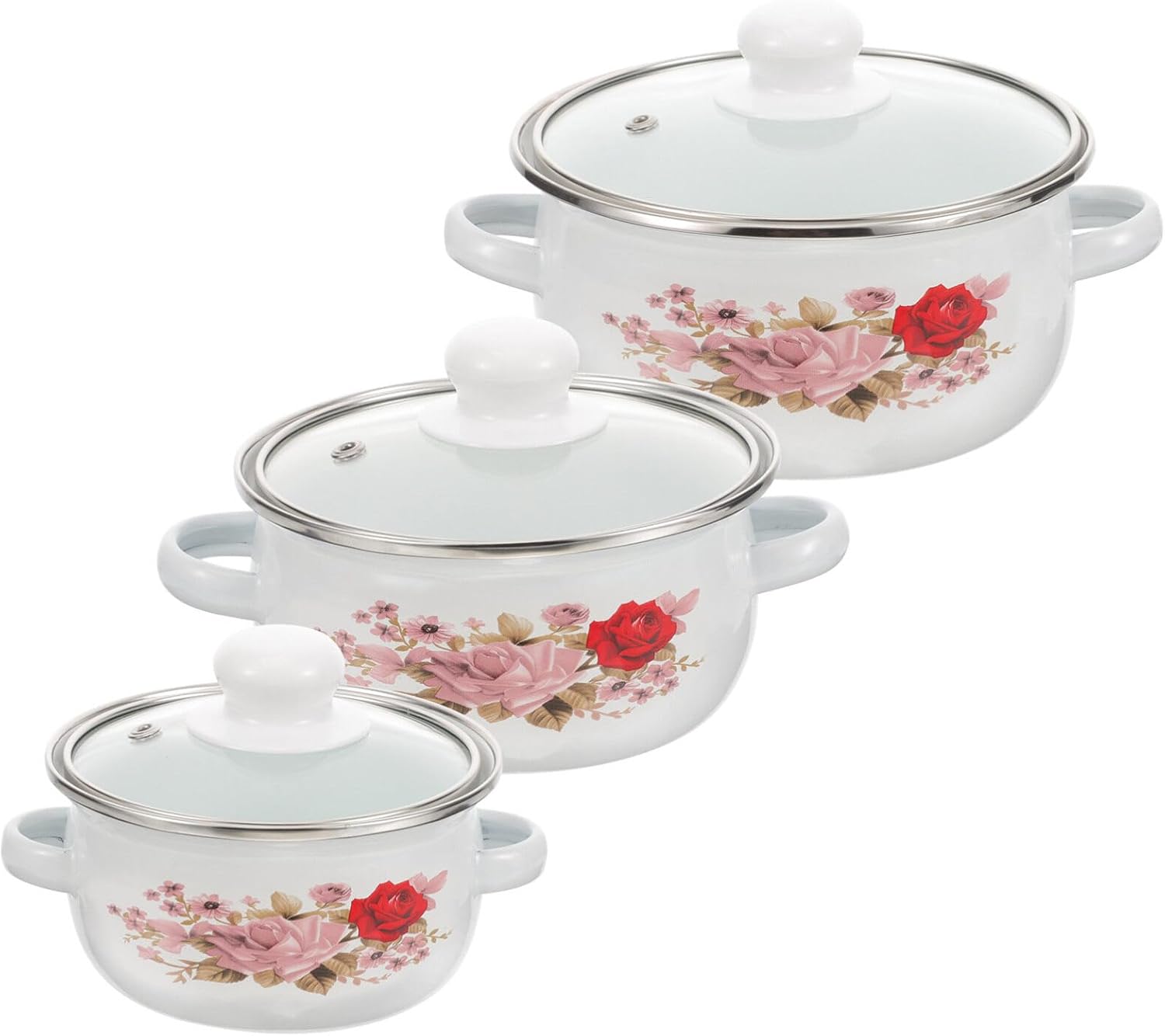 BESTonZON Olla de cocina esmaltada de 3 piezas, olla pequeña con tapa de vidrio, utensilios de cocina vintage con doble mango floral Ramen Bowl para
