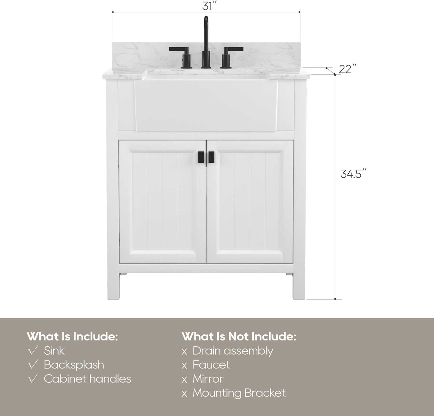 Tocador de baño con lavabo de 30 pulgadas, combo de gabinete de lavabo de baño en blanco, tocador de almacenamiento moderno con puerta de cierre