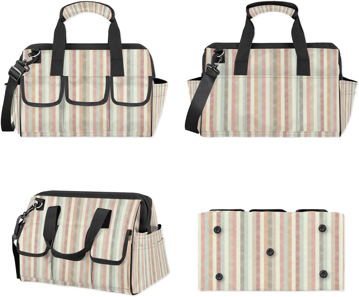 Retro Stripe Pastel Wide Mouth Tool Bags for Men and Women 14 Pockets Tool Tote Bag Pouch Heavy Duty Tool Organizer Bag with Adjustable Strape for