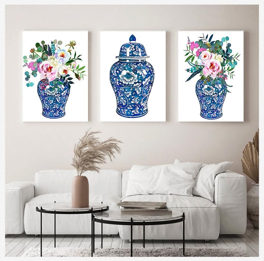 3 piezas de arte de pared de jengibre ramos de acuarela chinoiserie decoración lienzo impreso floral botánico póster florero rosas pintura porcelana