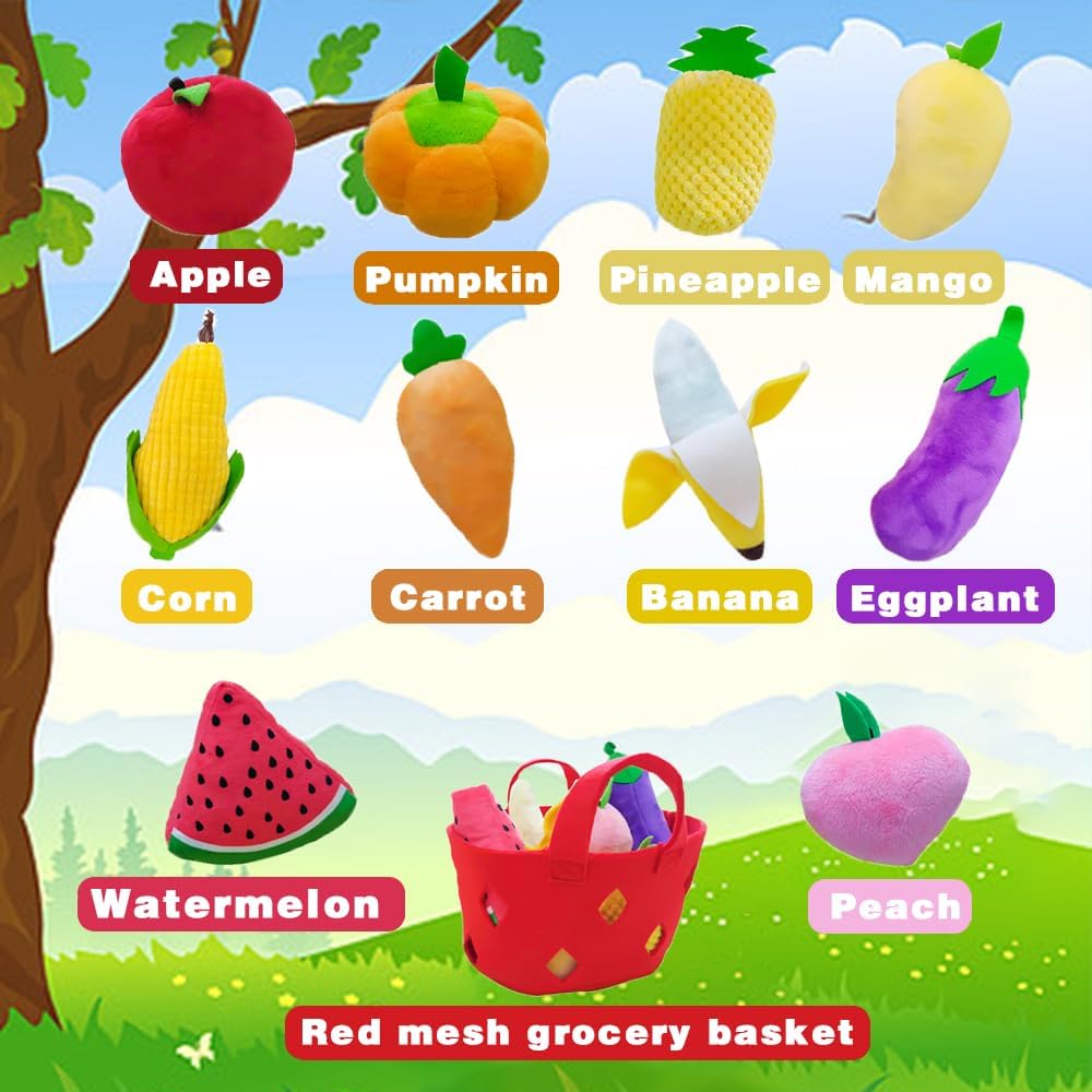 weiff 11 piezas de frutas rellenas de frutas y verduras con canasta, juguetes sensoriales Montessori, juego de comida suave para niños, mascotas,