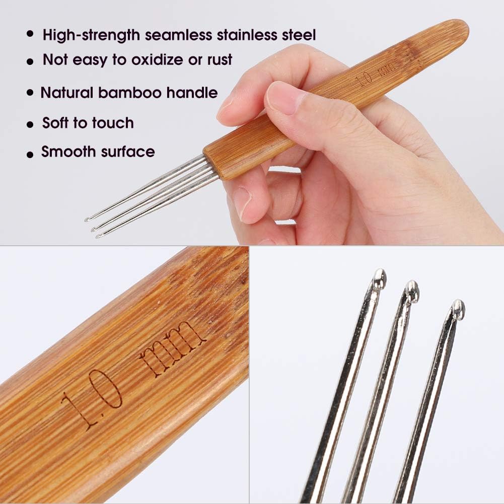 Juego de 9 ganchos de ganchillo para rastas, gancho de ganchillo de acero, mango de bambú para herramienta de tejido de cabello trenzado, artesanía