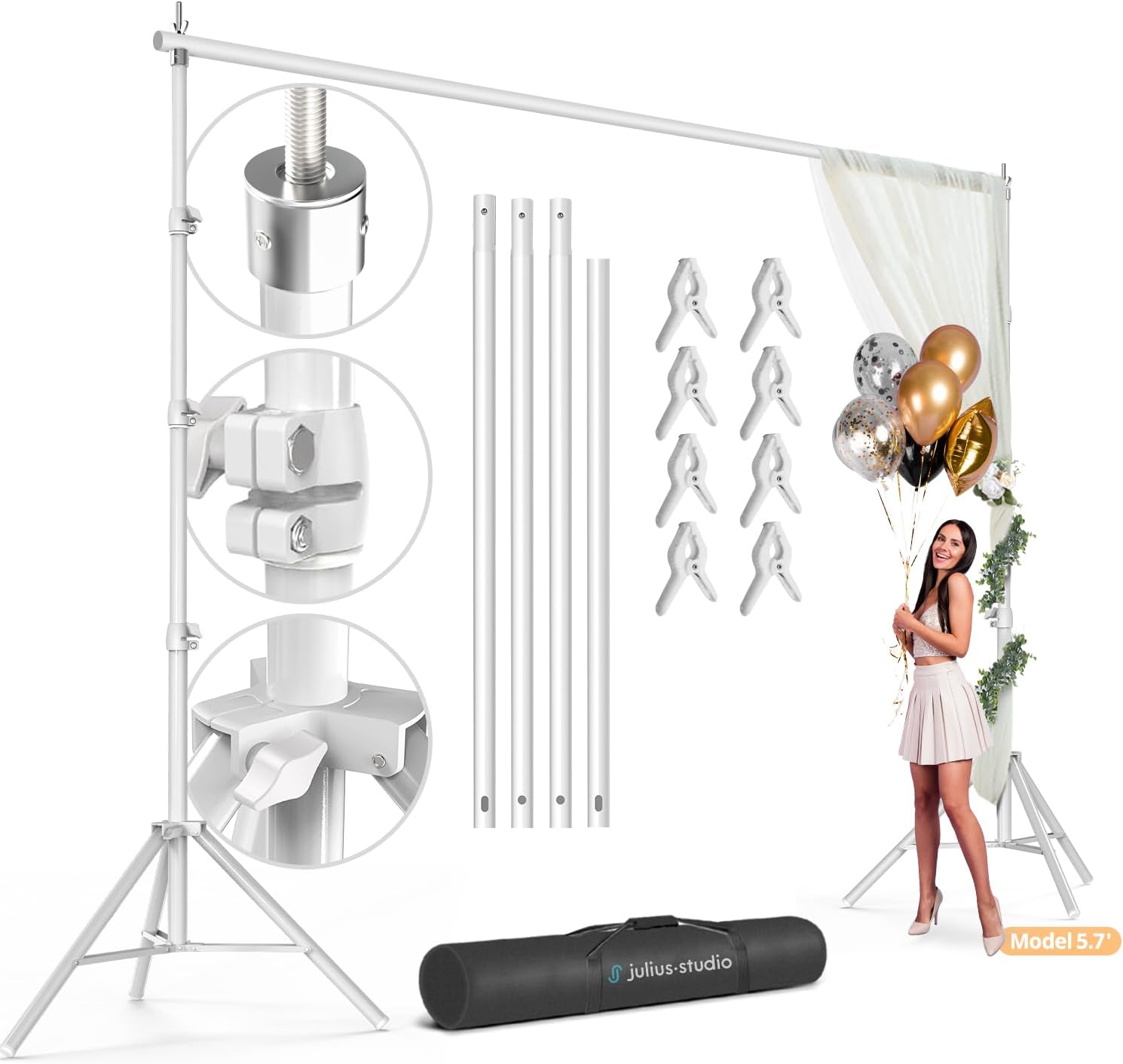 Julius Studio JSAG990 – Soportes de fondo grandes de 10 x 10 pies (blanco), sistema de soporte de fondo, marco de cuerpo de metal blanco mate,