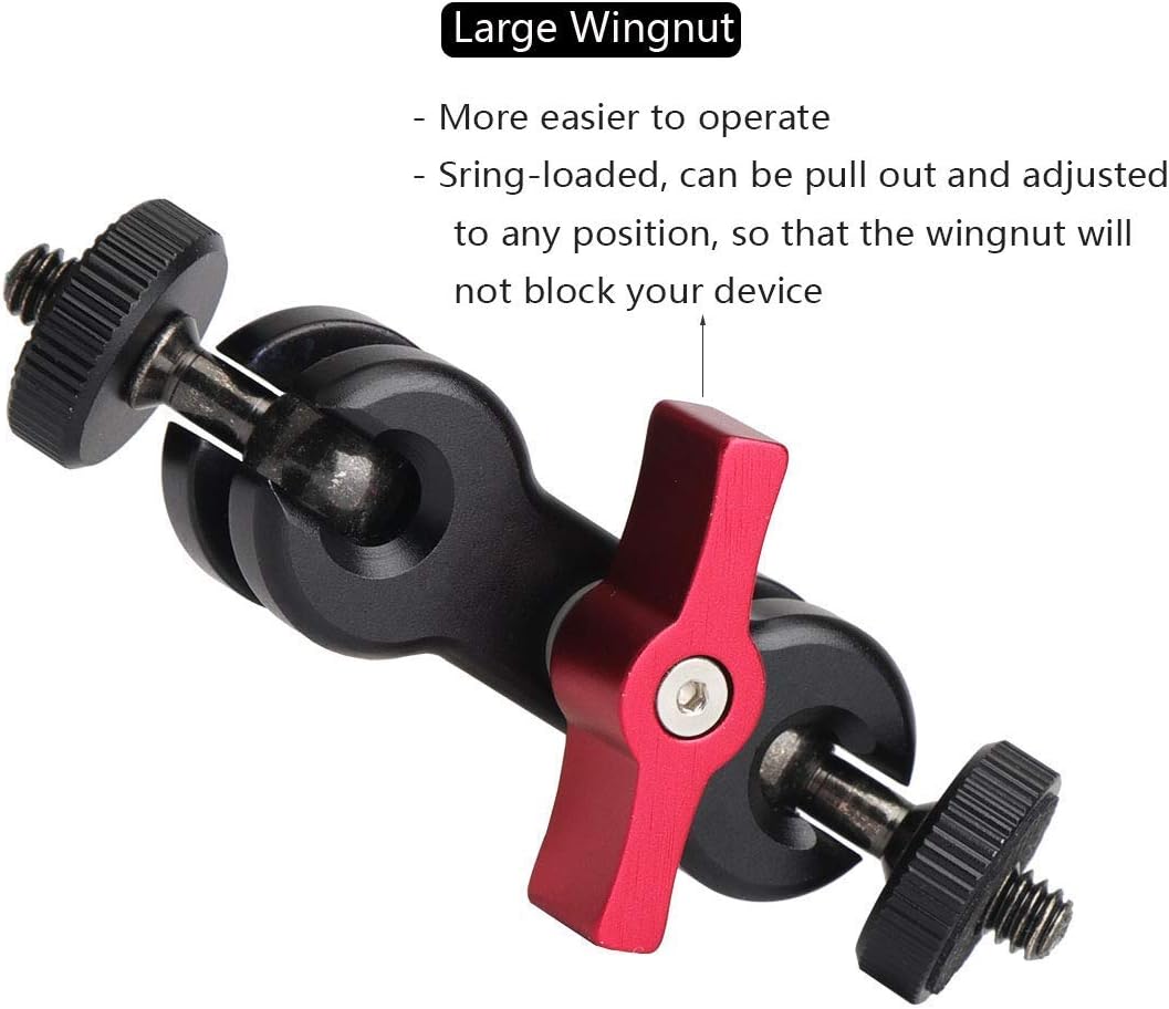 Mini abrazadera de brazo mágico articulado con doble cabeza de bola de 14-20 para monitorluzMIc, con hilos finos y arandelas (3.9 pulgadas)