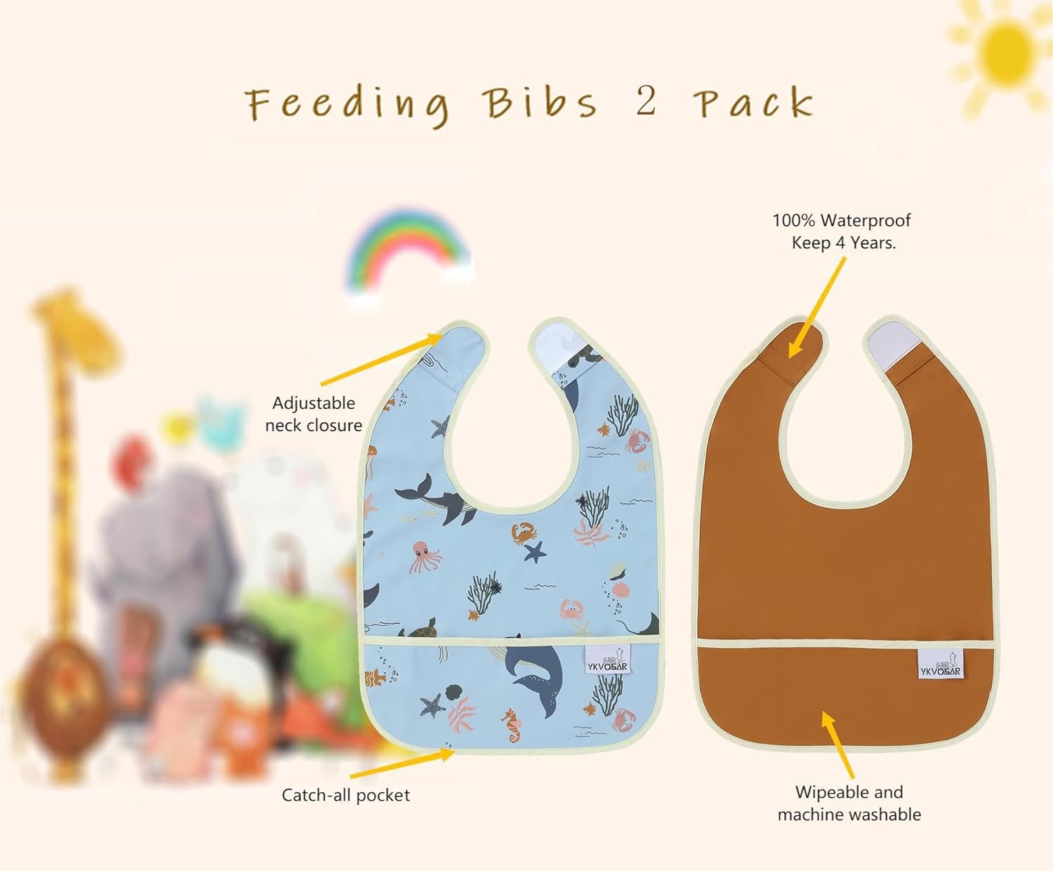 YKVOSAR Baby Bibs for Eating Waterproof Baby Bibs Baby Feeding Bibs 2 Packs Washable Baby Food Bibs 6-24 Months
