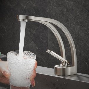 Elegante grifo de lavabo de baño de un solo agujero, níquel cepillado hueco para fregadero de tocador de latón sólido, grifo de lavabo de una sola Elegante grifo de lavabo de baño de un solo agujero, níquel cepillado hueco para fregadero de tocador de latón sólido, grifo de lavabo de una sola