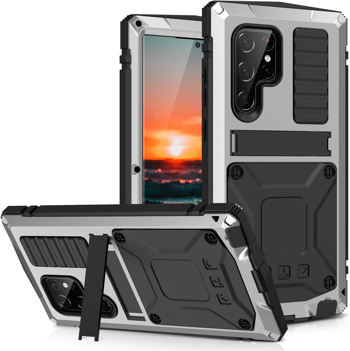 Funda de metal para Samsung S22 Ultra 5G con protector de pantalla con función atril, resistente armadura militar duradera, cuerpo completo,