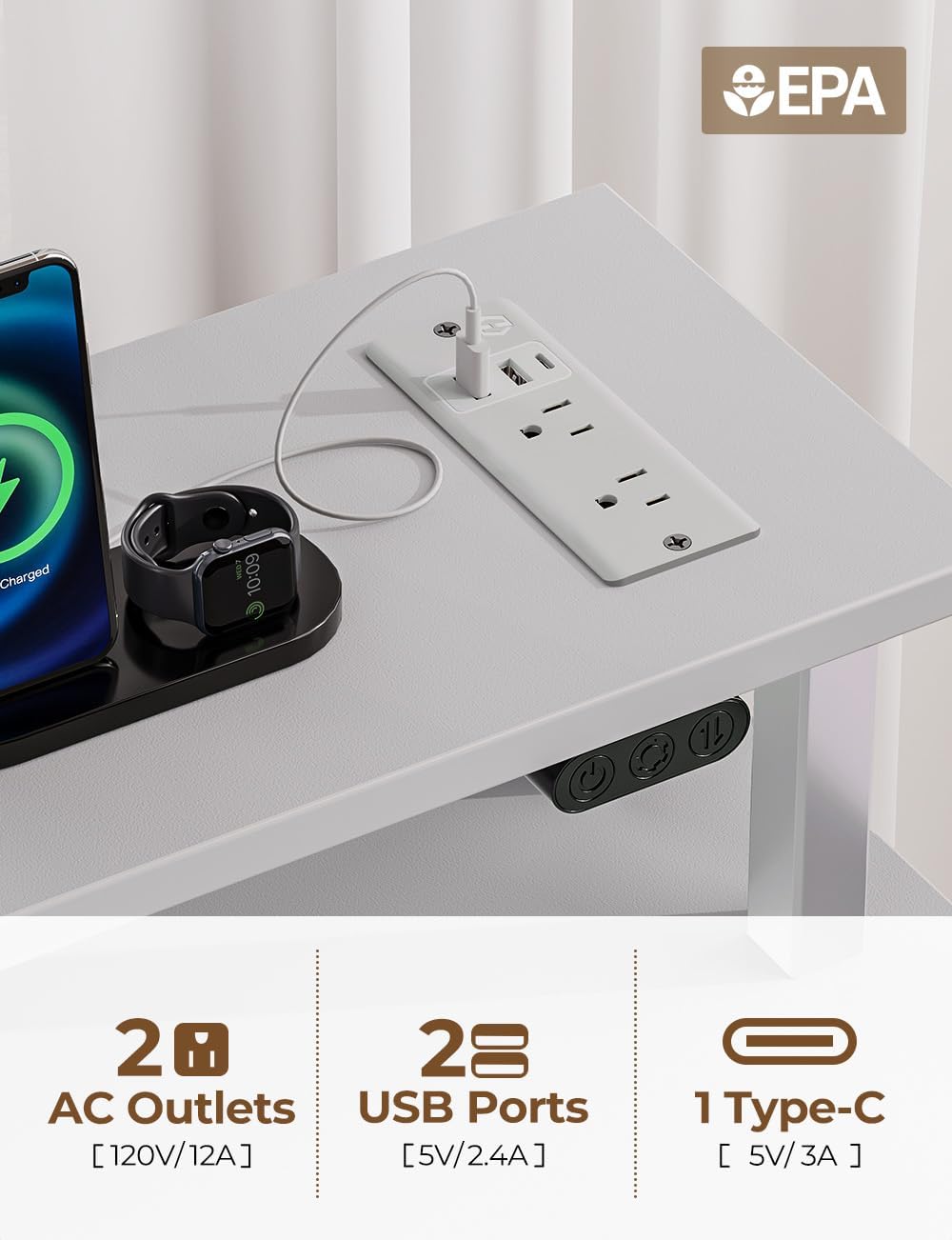 Seventable Escritorio para computadora con tomas de corriente y luz LED, escritorio de oficina en casa de 55 pulgadas con 5 cajones, escritorio con