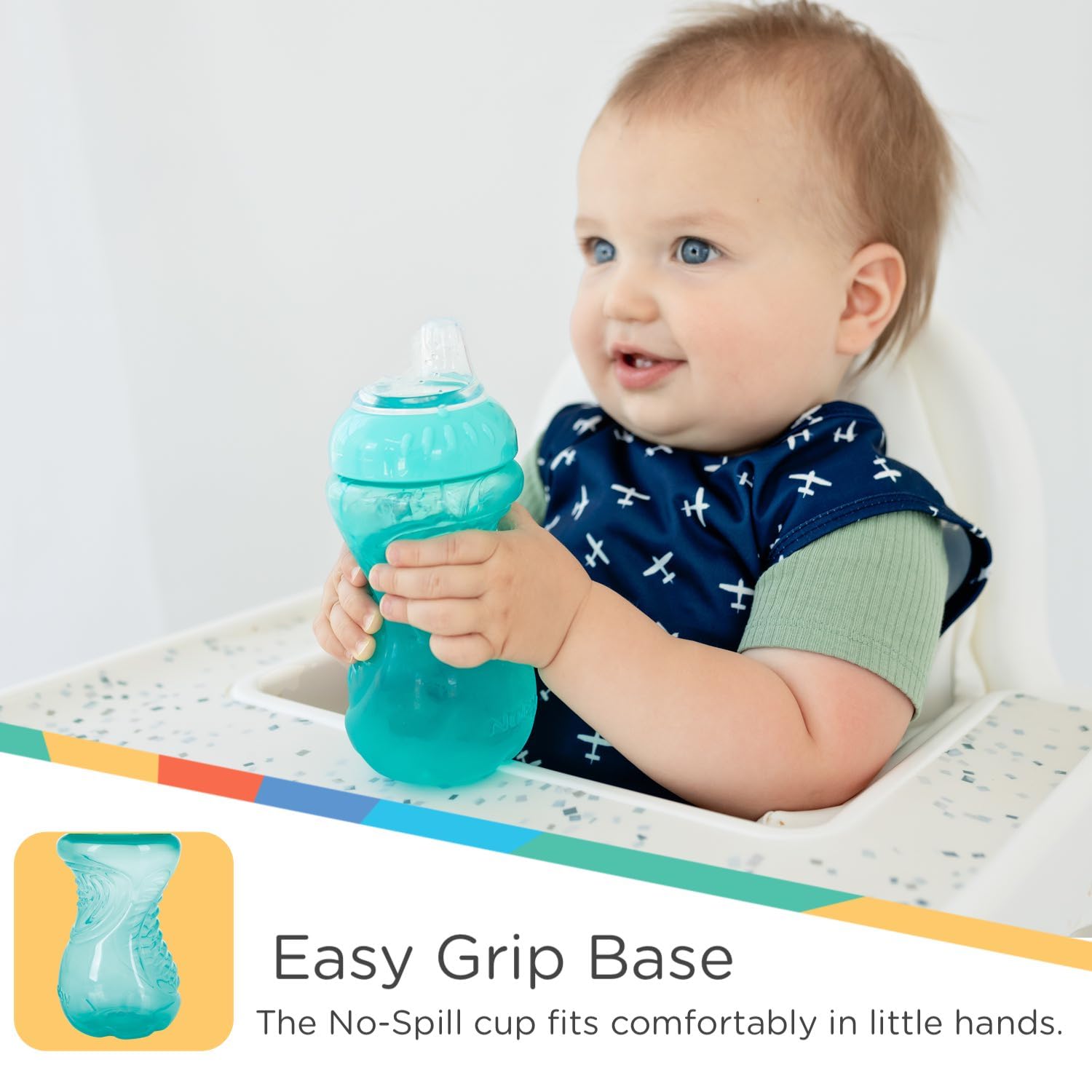Nuby Paquete de 3 vasos antiderrames para niños pequeños, a prueba de derrames, con agarre fácil y firme, sin BPA, azul, aguamarina, verde