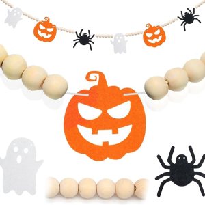 Decoraciones de Halloween Garlan de fieltro para interiores y exteriores, guirnalda de cuentas de madera de araña fantasma de fieltro para Decoraciones de Halloween Garlan de fieltro para interiores y exteriores, guirnalda de cuentas de madera de araña fantasma de fieltro para