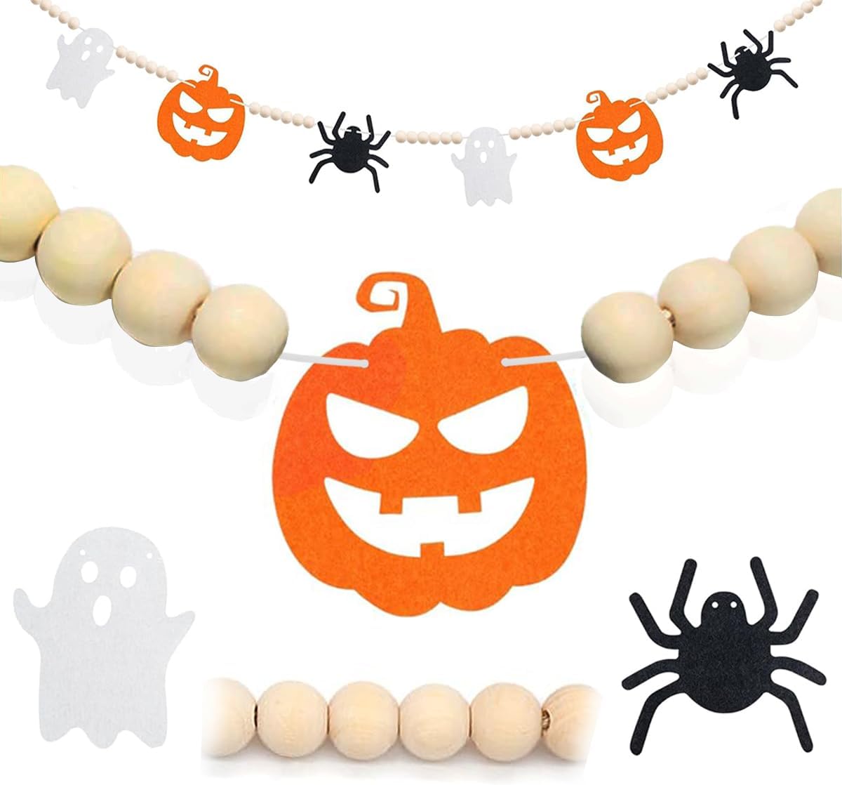 Decoraciones de Halloween Garlan de fieltro para interiores y exteriores, guirnalda de cuentas de madera de araña fantasma de fieltro para
