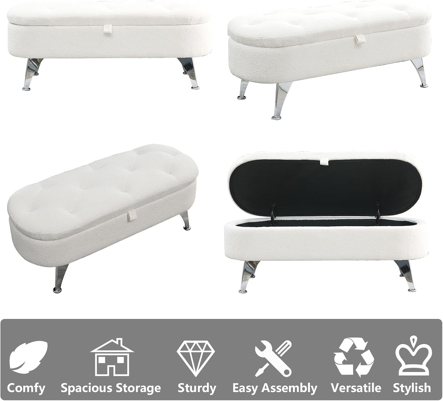 Setawix Banco otomano de almacenamiento Sherpa para dormitorio, extremo de la cama, banco de almacenamiento ovalado de 45.5 pulgadas de largo, banco