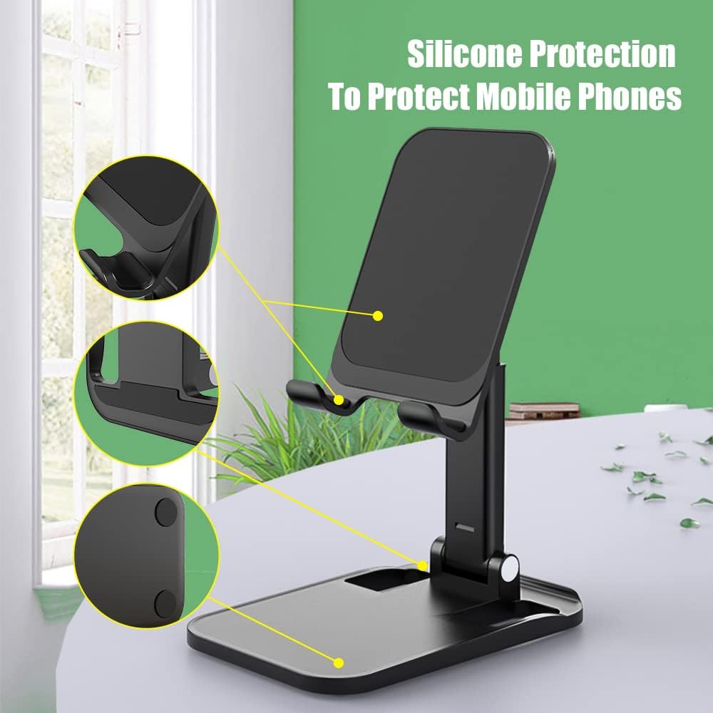 Soporte de teléfono para escritorio ángulo y altura ajustables Totalmente plegable Soporte para teléfono celular portátil y tableta iPad con base